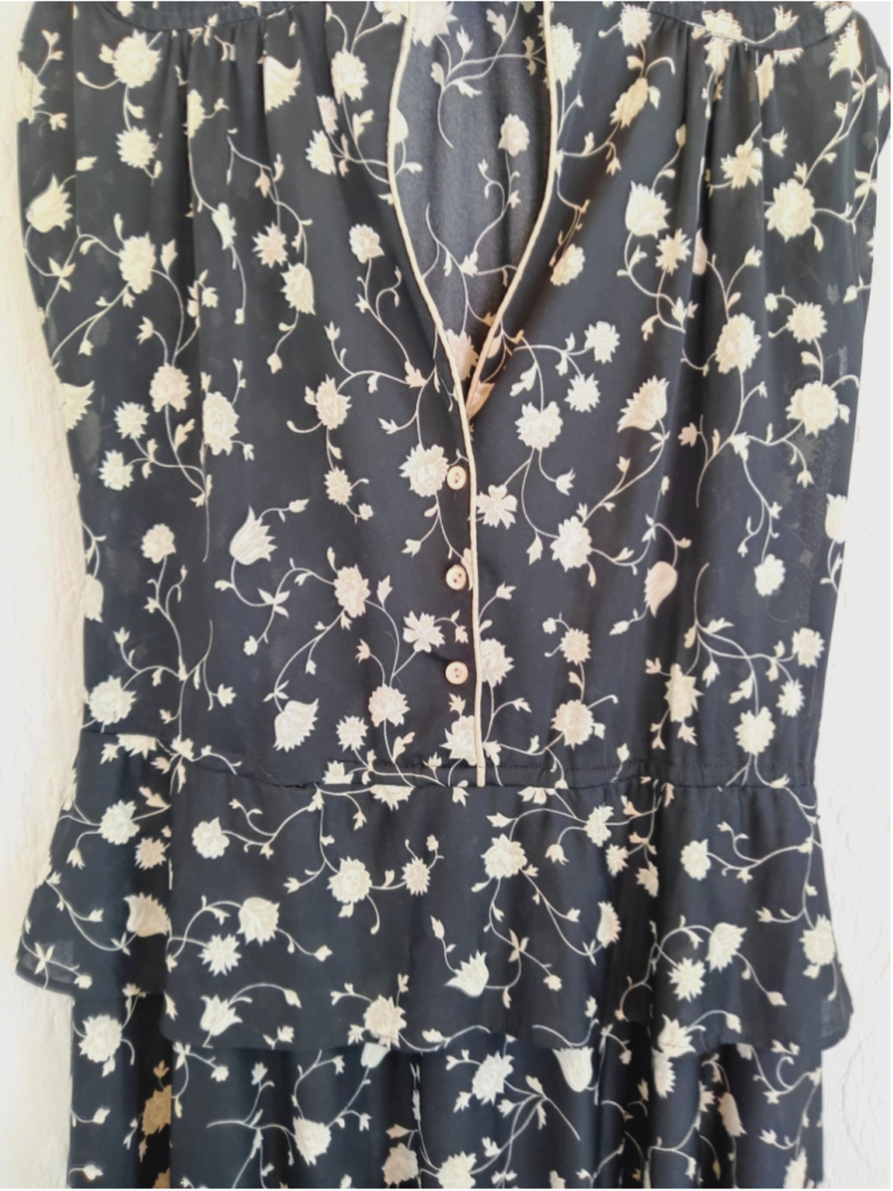 1940s Sheer Peplum Dress Cap Sleeves Black Cream Floral EUC Vintage Romantic XL - Picture 5 of 12